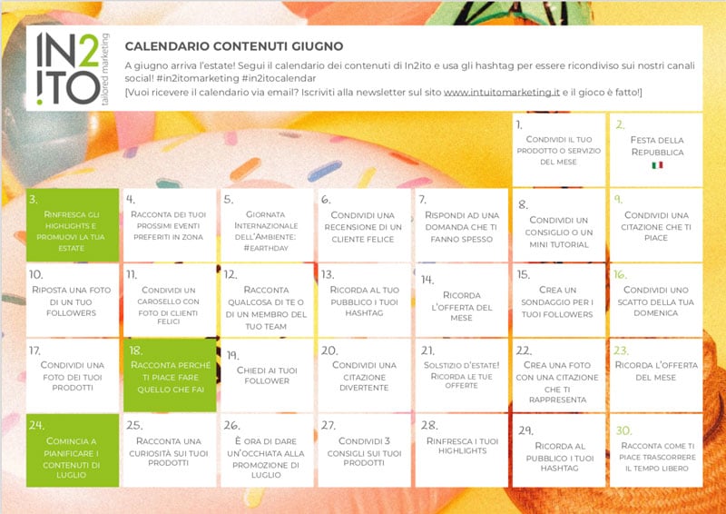 Calendario dei contenuti Giugno - Intuito Marketing - Consulenza Marketing - Trentino e Cortina d'Ampezzo